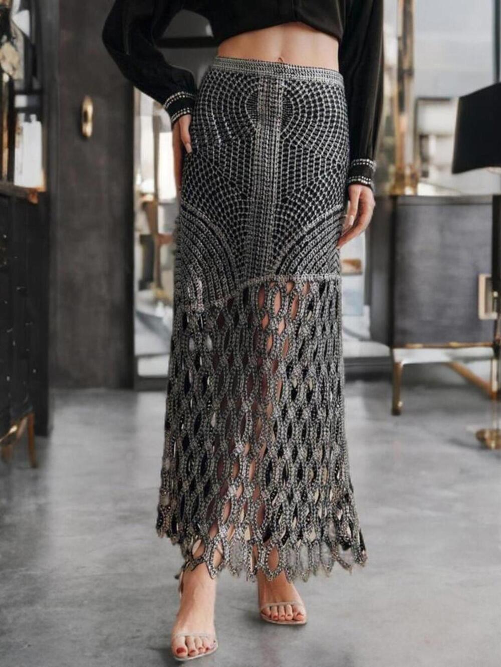 NWT Elegant Euro Sheer Knotted Crochet Lace Silver Metallic A-Line Maxi Skirt - Picture 5 of 12